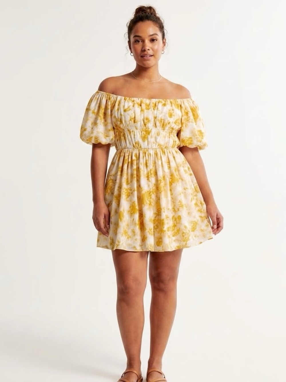 Abercrombie & Fitch Yellow Floral Off-Shoulder Puff Sleeve Mini Dress